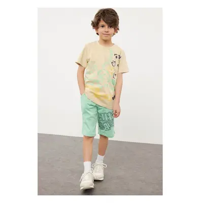 Trendyol Mint Boy Slogan Patterned T-shirt Shorts Set Knitted Bottom 93612724