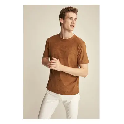 GRIMELANGE ENZO Pánské hnědé semišové tričko Basic Slim Fit 84952788