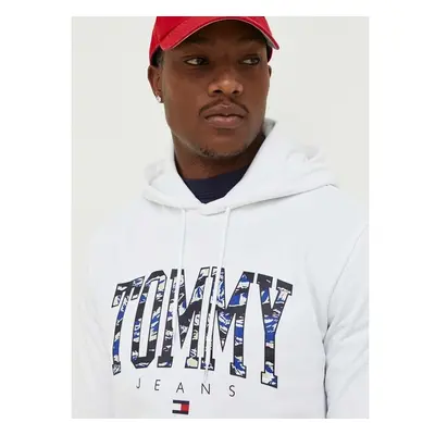 Bavlněná mikina Tommy Jeans pánská, bílá barva, s kapucí, s potiskem 84203952