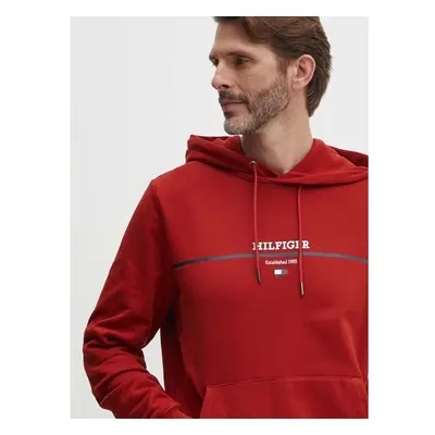 Bavlněná mikina Tommy Hilfiger pánská, červená barva, s kapucí, s 94389014