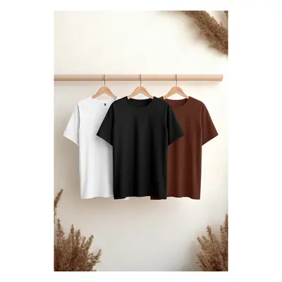 Trendyol Black-Brown-White Slim/Slim Cut Crew Neck 100% Cotton 3-Pack 91309454