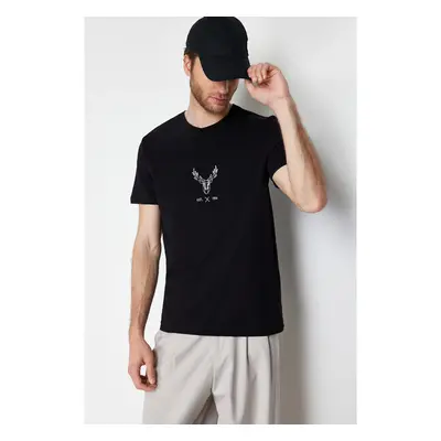 Trendyol Black Regular Cut Deer Embroidered 100% T-Shirt 91311735