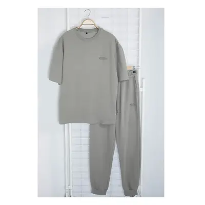 Trendyol Gray Oversize/Wide Cut Printed T-Shirt Tracksuit Bottom-Top 95699114