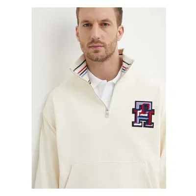 Bavlněná mikina Tommy Hilfiger pánská, béžová barva, s aplikací, 92319353