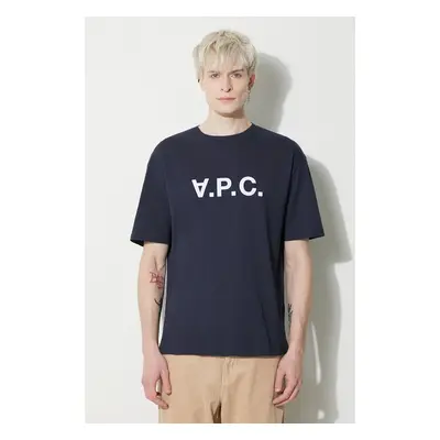 Bavlněné tričko A.P.C. T-Shirt River tmavomodrá barva, s potiskem, 89383602