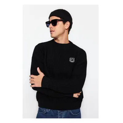 Trendyol Black Oversize Fit Wide Fit Crew Neck Embroidered Knitwear 92584137