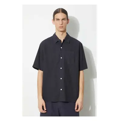 Košile Norse Projects Carsten Cotton Tencel pánská, tmavomodrá barva, 91629459