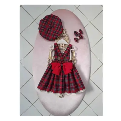 N7995 Dewberry Baby Plaid Salopette Dress & Hat & Buckle Set-RED 92136381