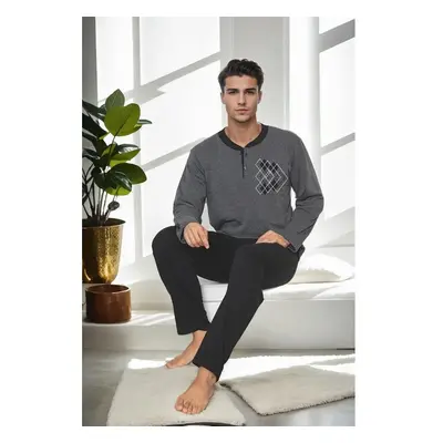 J3084 Dewberry Mens Two Thread Thick Long Sleeve Pyjama Set-GREY 91981978