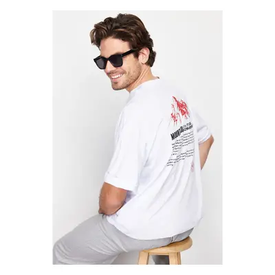 Trendyol White Oversize Printed Embroidered 100% Cotton T-Shirt 91289231