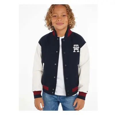 Dětská bomber bunda s příměsí vlny Tommy Hilfiger tmavomodrá barva 83543528