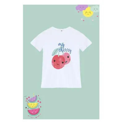 Trendyol White Girl Fruit Patterned Cotton Knitted T-Shirt 95690153