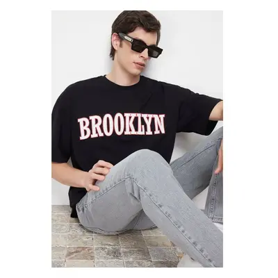 Trendyol Black Oversize/Wide Cut Fluffy Brooklyn City-Text Print 100% 89526118