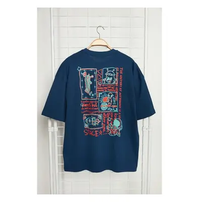 Trendyol Navy Blue Oversize/Wide Cut 100% Back Printed Short Sleeve T 78283346