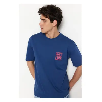 Trendyol Indigo Oversize/Wide Cut Crew Neck Text Printed T-Shirt 83077386