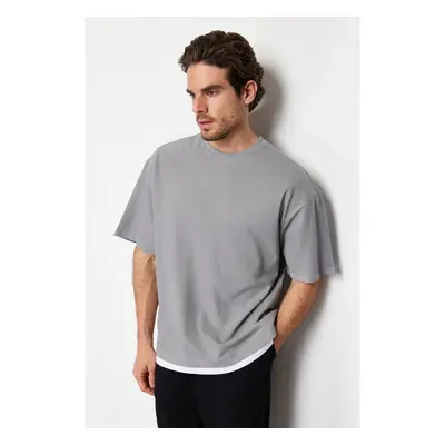 Trendyol Gray Oversize Textured 100% Cotton T-Shirt with Piece Detail 91282950