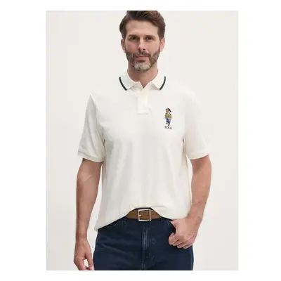 Bavlněné polo tričko Polo Ralph Lauren béžová barva, s aplikací, 95882189