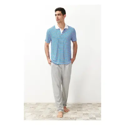 Trendyol Ecru Regular Fit Striped Polo Neck Knitted Pajama Set 92181171