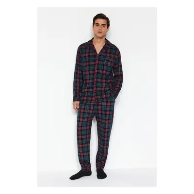 Trendyol Navy Blue Regular Fit Plaid Knitted 100% Cotton Pajama Set 91221680