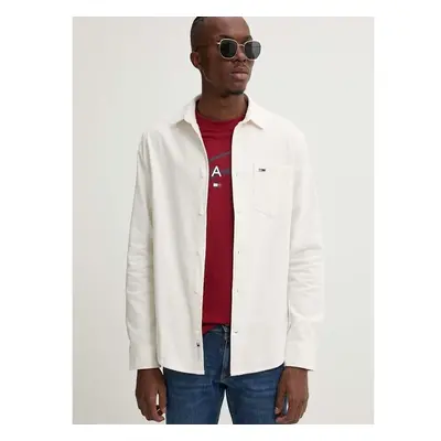 Bavlněná košile Tommy Jeans béžová barva, regular, klasickým límcem, 98165366