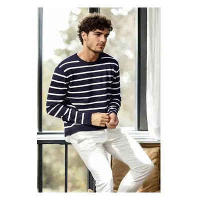 99741 Dewberry Crew Neck Striped Casual Knitwear Sweater-NAVY BLUE 98120148