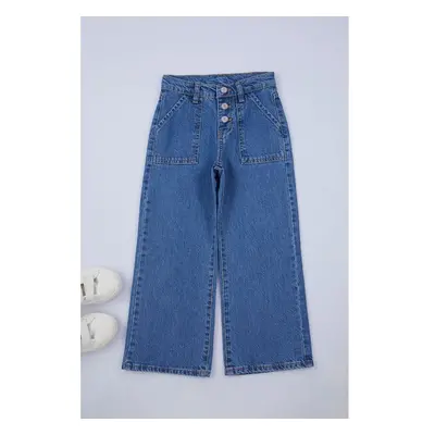 Trendyol Medium Blue-5001 Girls Wide Leg Pocket Cotton Jean Denim 99066152