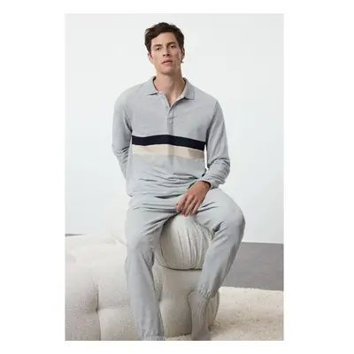 Trendyol Mens Gray Paneled Regular Fit Pique Fabric Knitted Pajama Set 99163275