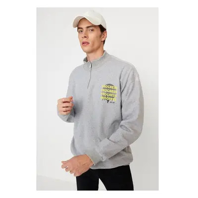 Trendyol Grey Oversize/Wide Cut Zippered Text Printed Inside Fleece 99162988