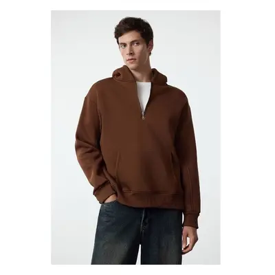 Trendyol Brown Oversize/Wide Cut Zippered Hooded Fleece Inside Basic 99795613