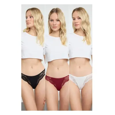 Trendyol Black-Burgundy-White 3-Pack Cotton Lace Detailed Brazilian 100270062