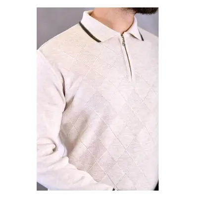 66492 Dewberry Zippered Polo Neck Knit Mens Sweater-STONE 99789036