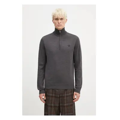 Vlněný svetr Fred Perry Classic Half Zip Jumper pánský, šedá barva, 99247536