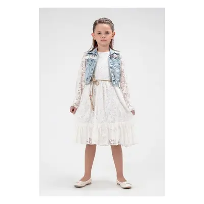 Trendyol Girls Ecru Lace Detailed Denim Vest Belted Long Sleeve Dress 96004997