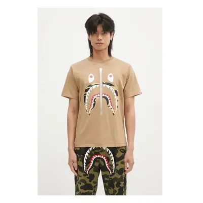 Bavlněné tričko A Bathing Ape 1ST CAMO SHARK TEE béžová barva, s 100028120