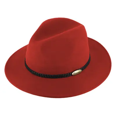 Červený klobouk fedora plstěný - červený s koženým pleteným páskem - 85409585