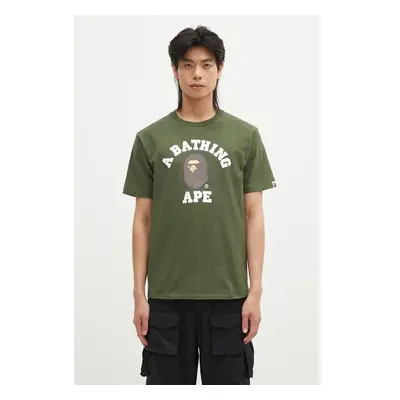 Bavlněné tričko A Bathing Ape COLLEGE TEE zelená barva, s potiskem, 100028118