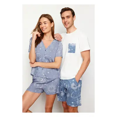 Trendyol Ecru Blue Printed Regular Fit Couple/Double Knitted Shorts 91280243