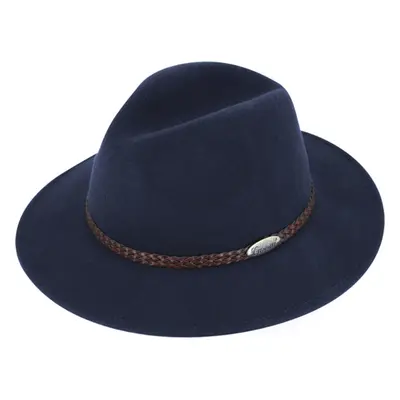 Modrý klobouk fedora plstěný - modrý s koženým pleteným páskem - 88066094