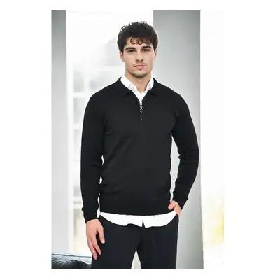 82155 Dewberry Polo Neck Half Zipper Slim Fit Mens Sweater-BLACK 99340523