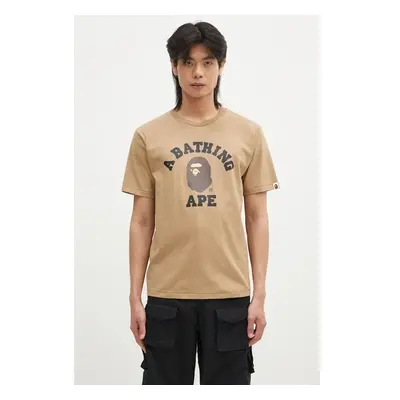 Bavlněné tričko A Bathing Ape COLLEGE TEE béžová barva, s potiskem, 100028117