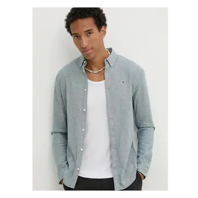 Košile Tommy Jeans pánská, zelená barva, slim, s límečkem button-down, 100009391