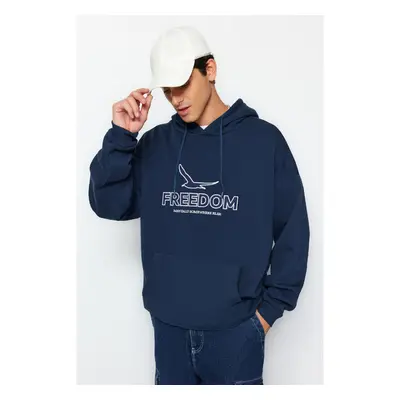 Trendyol Indigo Oversize/Wide Cut Hooded Mesh Embroidered Fleece 99243982