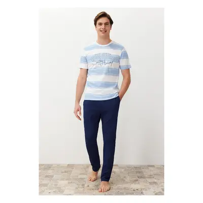 Trendyol Blue Regular Fit Striped Knitted 100% Cotton Pajama Set 99791676