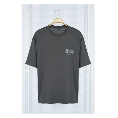 Trendyol Anthracite Oversize/Wide Cut 100% Cotton T-shirt with Raised 99793863