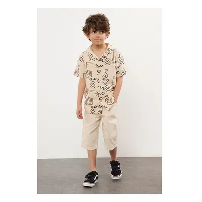 Trendyol Beige Boy Patterned Cotton Woven Shirt-Shorts Bottom-Top Set 99793288