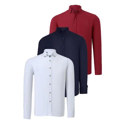 TRIPLE SET G721 DEWBERRY MENS SHIRT-NAVY-WHITE-BURGUNDY 91229340