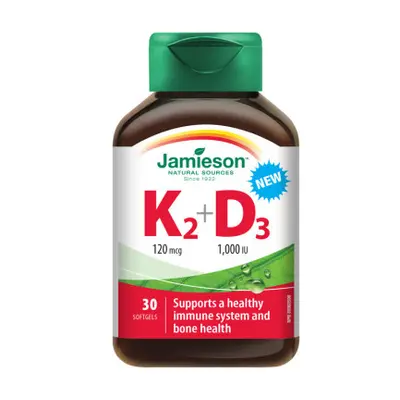 Jamieson Vitamíny K2 120mcg a D3 1000 IU 30 kapslí