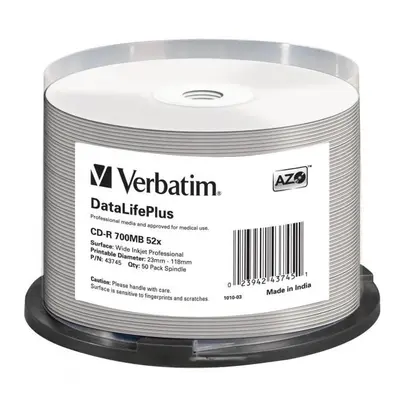 Verbatim CD-R DataLifePlus Wide Inkjet Printable 43745 700MB CD-R 52X spindle 50-pack