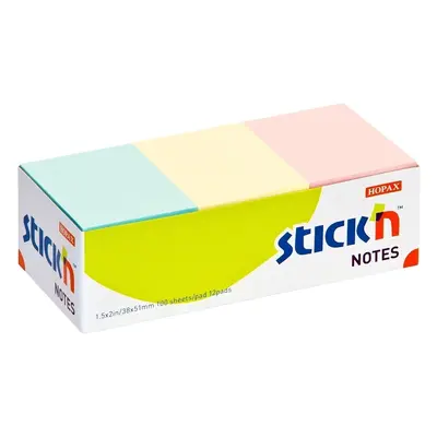 Bloček samolepicí Stick'n Hopax, 38x51 mm, 3 pastelové barvy, 12x100 lístků