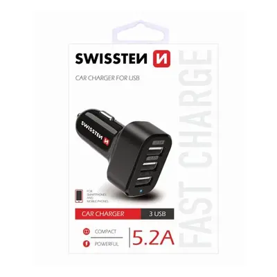 USB auto nabíječka 3x USB port 12V 5V 5200mA nabíjení mobilních telefonů a GPS SWISSTEN černá